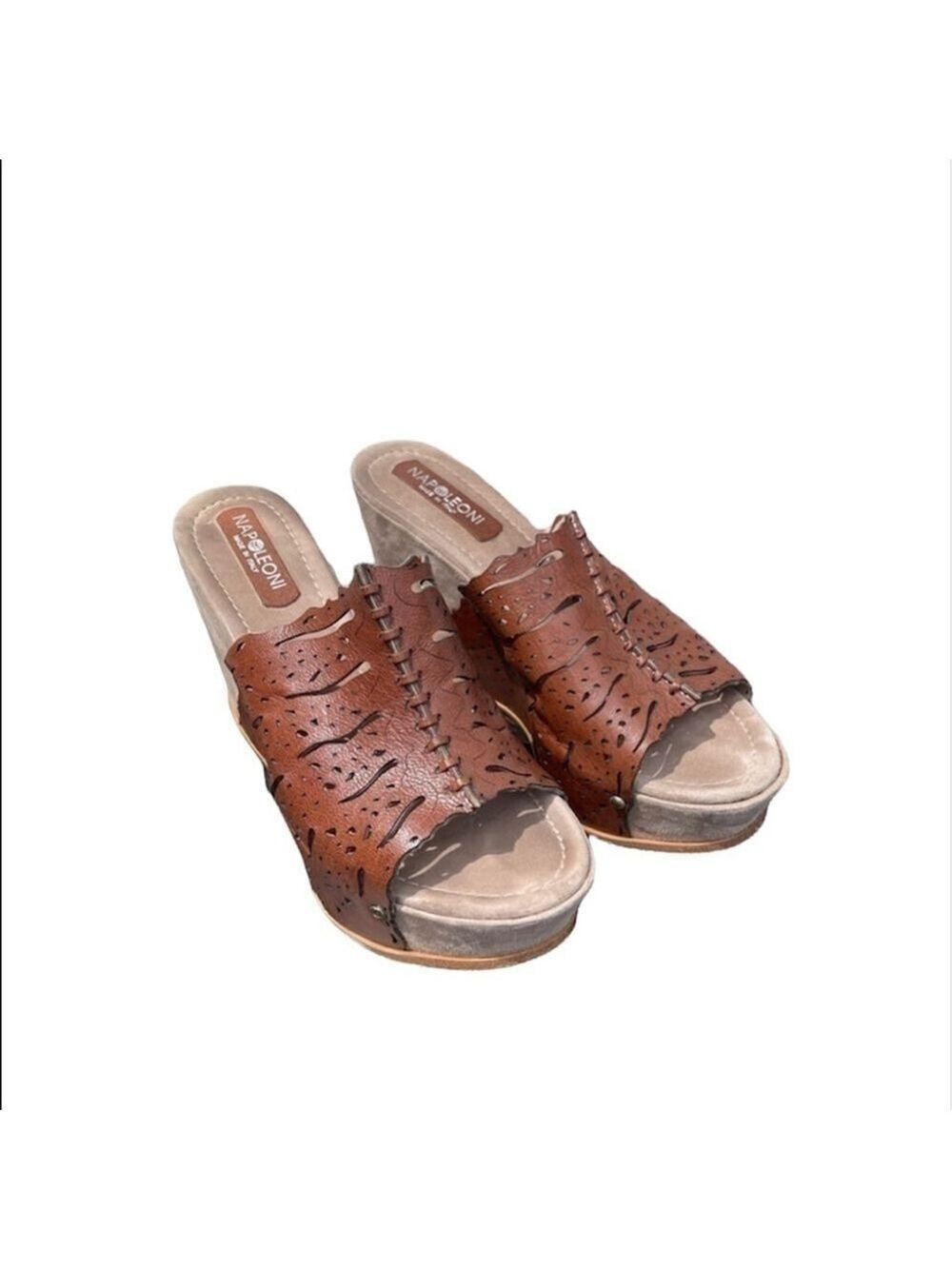 NAPOLEONI women platform wedge sandals mules brown leather Sz 38 - Picture 2 of 16